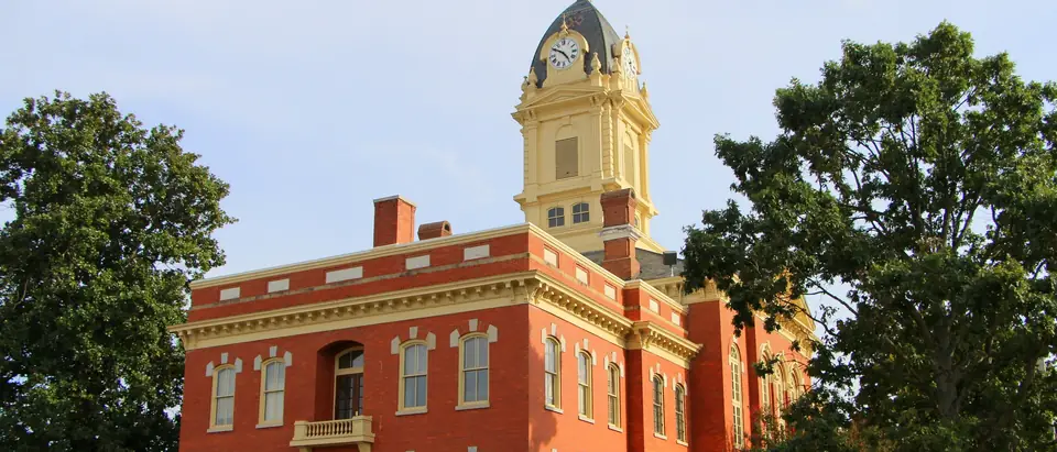 The red-brick Union County Courthouse with its domed clock tower in downtown Monroe, NC